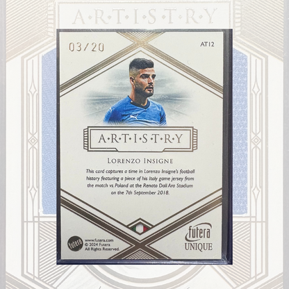 Futera Unique 2024 Lorenzo Insigne Artistry Memorabilia Card 03/20 - Rare Relic