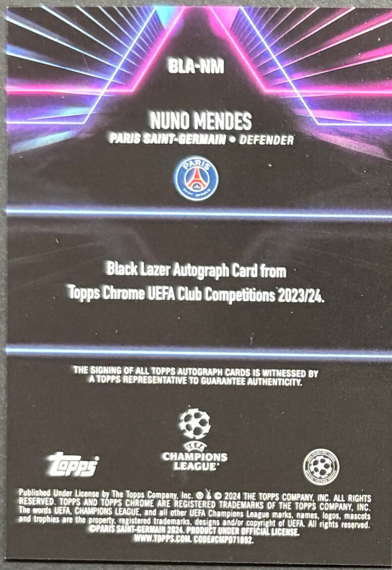 Nuno Mendes Black Laser Auto - 2023/24 Topps Chrome UEFA UCC Autograph