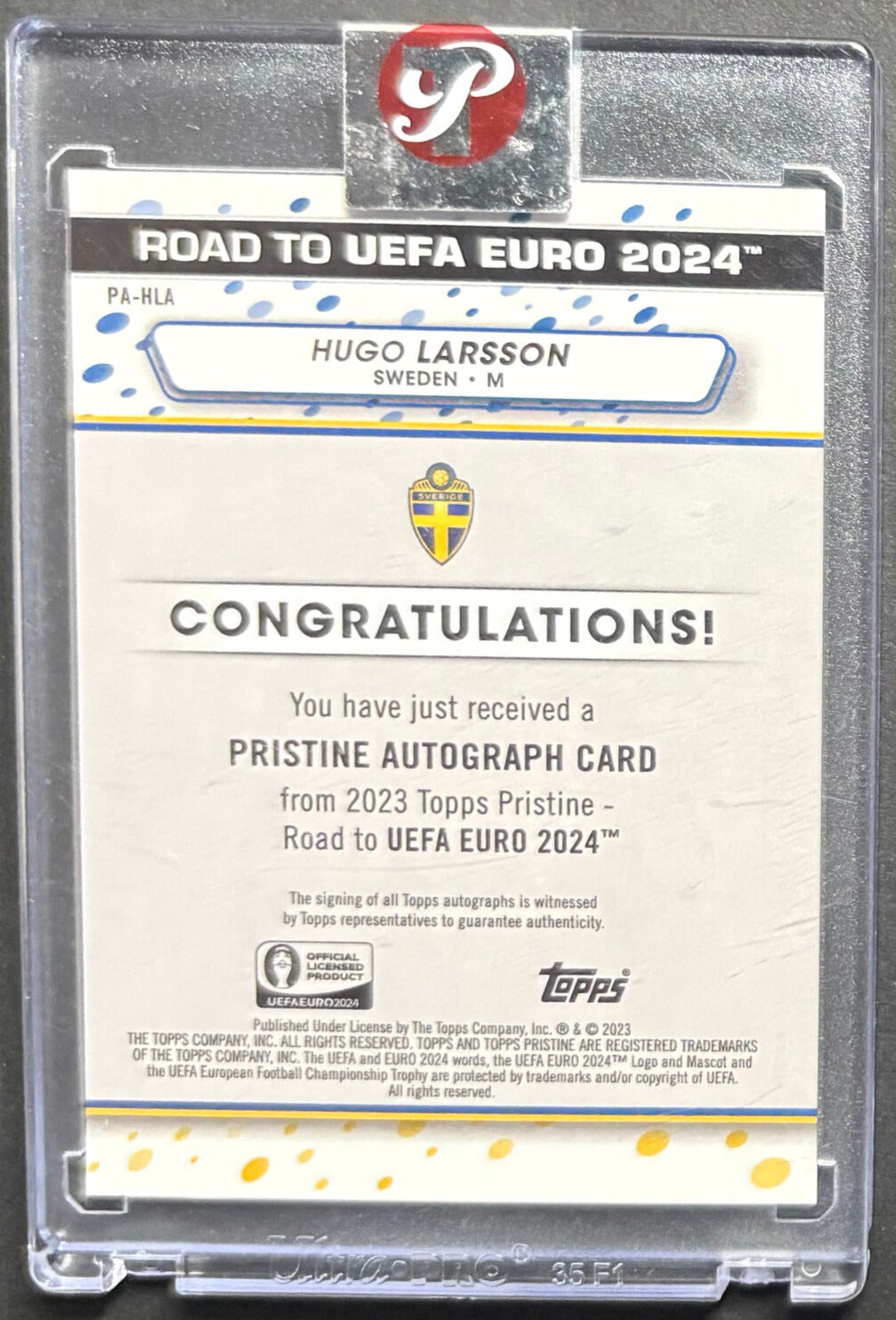 Hugo Larsson Auto Card Cased Topps Pristine Road to Euro 2024